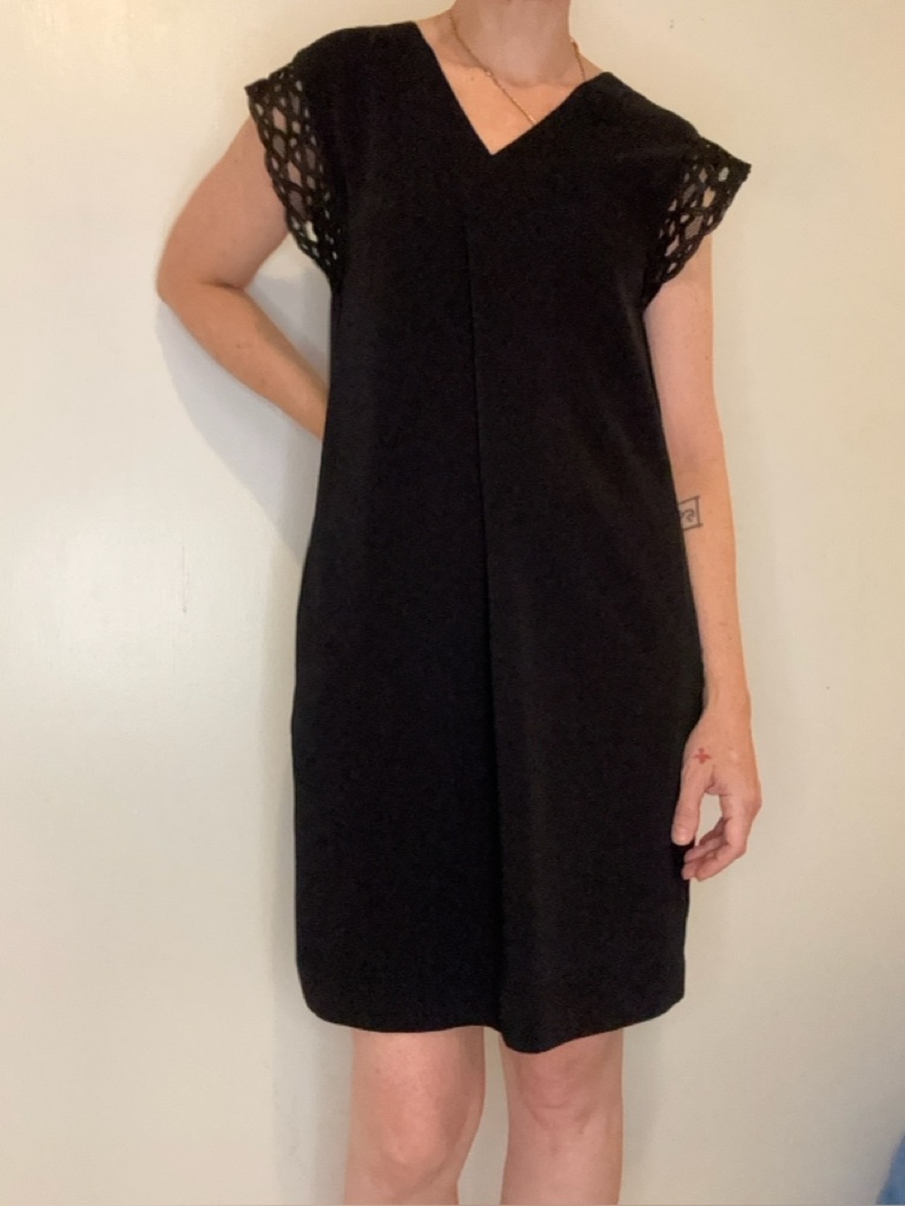 Reiss Black V-Neck Mini Dress with Crochet Cap Sleeves